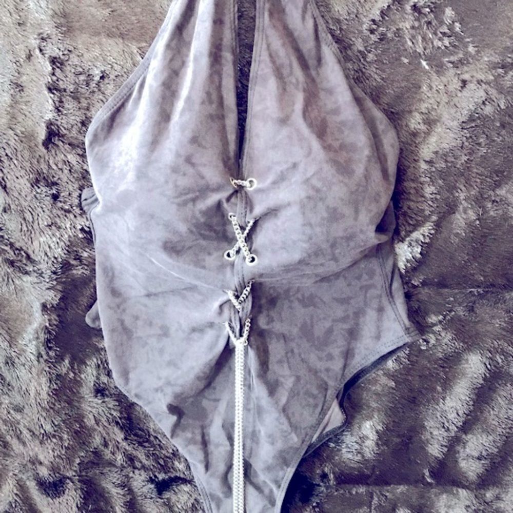 Pewter Ultra Suede One Piece Halter Bathing Suit M